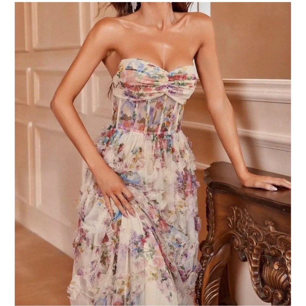 FAERIESTY Floral Ruffle Strapless Maxi Dress Chiffon‎ Corset Bodice L